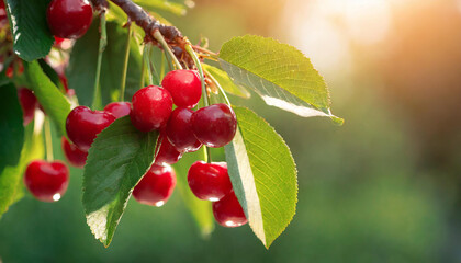Close-up of ripe red cherries growing on branch with green leaves. Garden fruit tree.