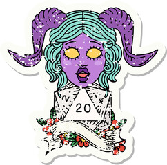 grunge sticker of a tiefling with natural twenty dice roll
