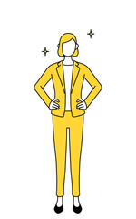 Simple line drawing illustration of a businesswoman in a suit with his hands on his hips.
