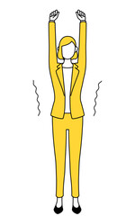 Simple line drawing illustration of a businesswoman in a suit stretching and standing tall.