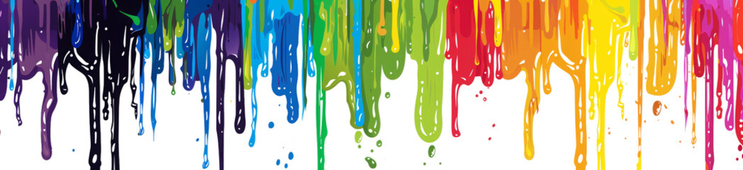 Rainbow paint dripping down, seamless pattern on white background. Rainbow color drips in the shape of horizontal stripes for design elements. Dripping art with vibrant colors with copy space