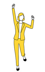 Simple line drawing illustration of a businesswoman in a suit smiling and jumping.