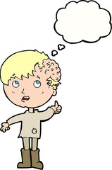 cartoon boy with growth on head with thought bubble