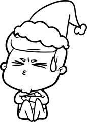 hand drawn line drawing of a man sweating wearing santa hat