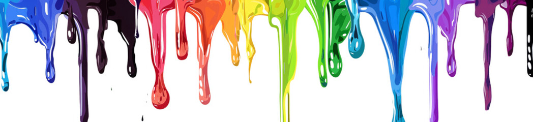 Rainbow paint dripping down, seamless pattern on white background. Rainbow color drips in the shape of horizontal stripes for design elements. Dripping art with vibrant colors with copy space