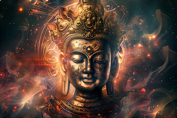 Golden Buddha Face with Cosmic Energy Flow - obrazy, fototapety, plakaty