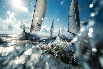 A group of sailboats racing past each other on the ocean with dynamic angles and perspectives - obrazy, fototapety, plakaty
