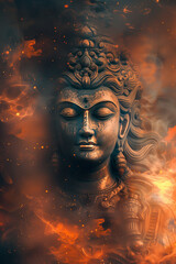 Mystical Buddha Amidst Fiery Cosmic Whirls