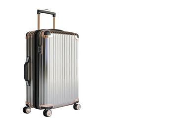 A silver suitcase with wheels stands out against a white background