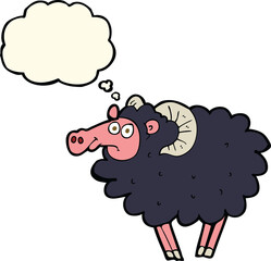 cartoon black sheep with thought bubble