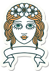 tattoo style sticker with banner of female face with crown of flowers