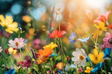 A field filled with vibrant wildflowers under the suns warm glow - obrazy, fototapety, plakaty