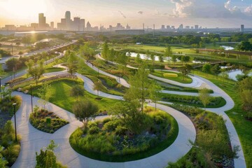 An aerial perspective of a park in the city with a river flowing through it, surrounded by urban...