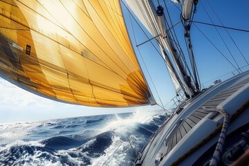 A sailboat is tacking through the ocean on a sunny day, executing a sharp turn while the sails billow in the wind - obrazy, fototapety, plakaty