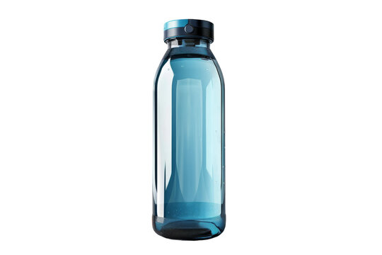 A blue glass bottle with a black lid resting on a table