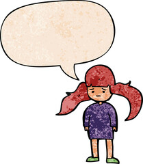 cartoon girl with long hair with speech bubble in retro texture style