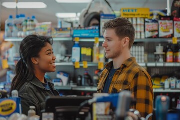 A man and a woman standing in a store, interacting with a customer service representative