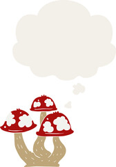 cartoon mushrooms with thought bubble in retro style