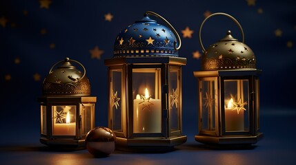Imagine a serene Ramadan scene with traditional lanterns emitting a warm glow against a backdrop of a starry night sky and a crescent moon
