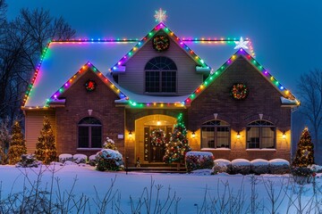 A house covered in colorful Christmas lights stands out against the snowy backdrop - obrazy, fototapety, plakaty