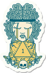 sticker of a crying human barbarian with natural one D20 roll