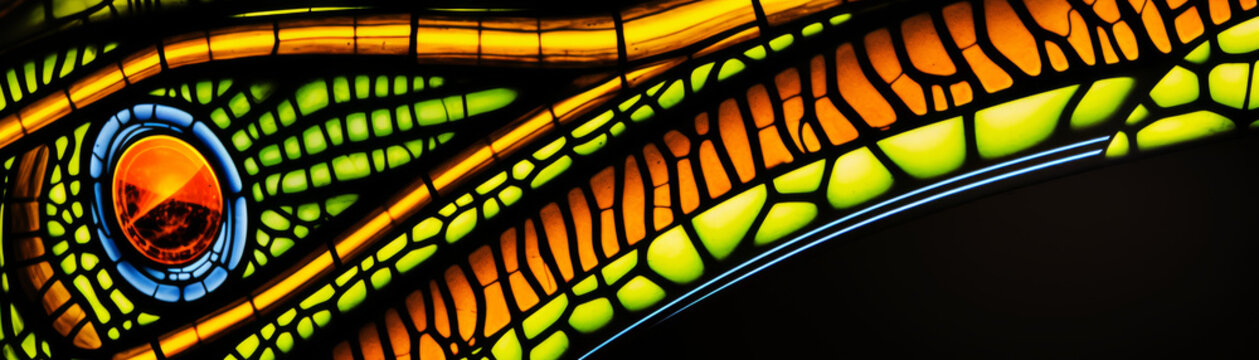 A colorful, abstract image of a snake's tail with a green and orange stripe