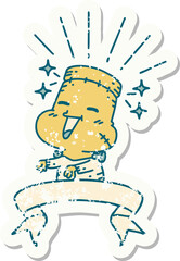 worn old sticker of a tattoo style happy halloween zombie monster