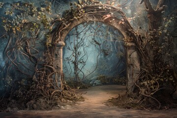 A painting depicting an archway covered in vines, with green foliage sprouting out - obrazy, fototapety, plakaty