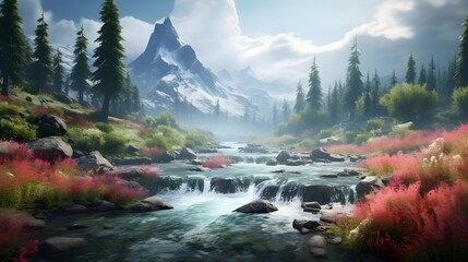 Mountain landscape with a river flowing through it. Panorama.
