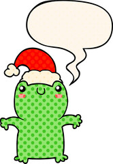 cute cartoon frog wearing christmas hat with speech bubble in comic book style
