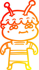 warm gradient line drawing of a friendly cartoon spaceman