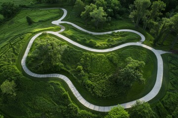 A winding road meanders through a vibrant green field, creating a picturesque scene of natures beauty