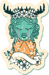 Retro Tattoo Style crying orc barbarian character face with natural one D20 roll