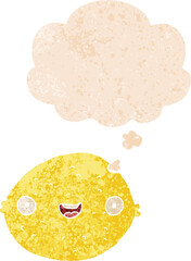 cartoon lemon with thought bubble in grunge distressed retro textured style