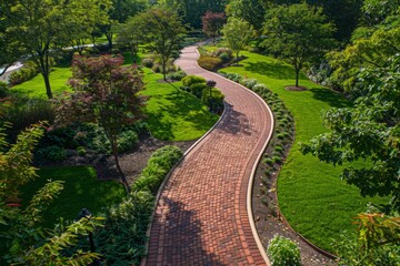 Fototapeta na wymiar Aerial perspective of a winding brick pathway in a park, surrounded by lush greenery