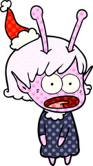 hand drawn comic book style illustration of a shocked alien girl wearing santa hat