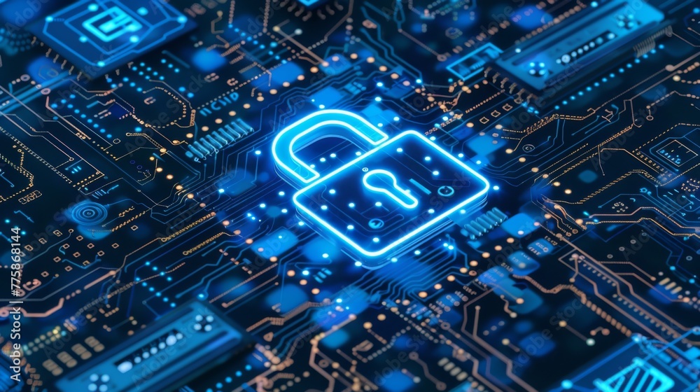 Aufkleber Secure Lock on Computer Circuit With Blue Lights