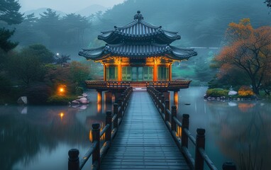 Obraz premium Tranquil Asian Pavilion on Misty Lake at Twilight
