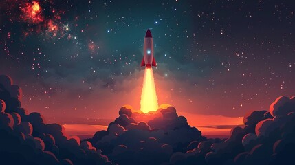Digital art of a rocket blasting off into a cosmic sky with a galaxy in the background, symbolizing discovery and exploration. - obrazy, fototapety, plakaty