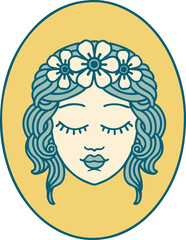 iconic tattoo style image of a maiden with eyes closed