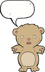frightened teddy bear cartoon with speech bubble