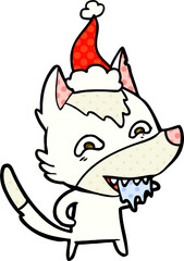 hand drawn comic book style illustration of a hungry wolf wearing santa hat