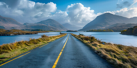 Empty road leading towards mountains against sky. Connemara National Park in Ireland. generative ai 