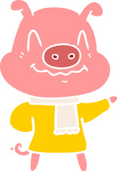 nervous flat color style cartoon pig wearing scarf