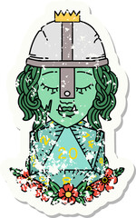 grunge sticker of a orc fighter character with natural twenty dice roll