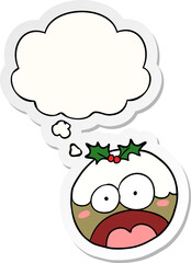 cartoon shocked chrstmas pudding with thought bubble as a printed sticker