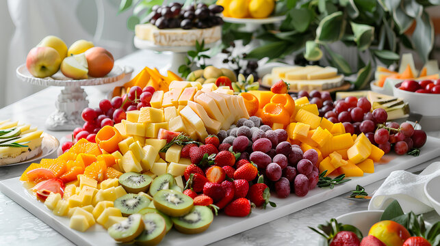 various fruits with pieces of cheese, arranged on plates on a white table, juicy bright colours