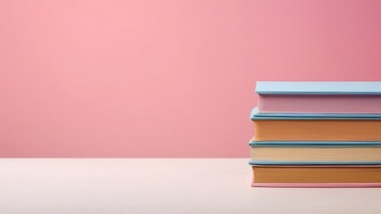 Fototapeta premium Stuck of Books with Copy Space Background, Pink Color Pastel, generative, ai