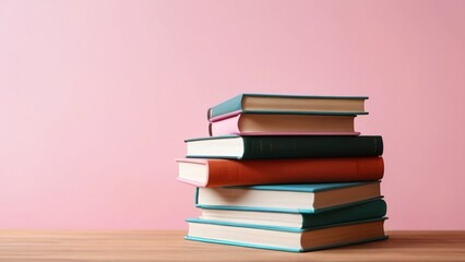 Stuck of Books with Pink Pastel Copy Space Background, generative ai