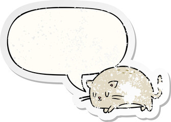 cute fat cartoon cat with speech bubble distressed distressed old sticker